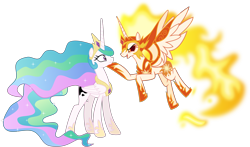 Size: 8000x4709 | Tagged: safe, artist:limedazzle, character:daybreaker, character:princess celestia, species:alicorn, species:pony, episode:a royal problem, g4, my little pony: friendship is magic, absurd resolution, armor, ethereal mane, evil counterpart, hoof under chin, looking at each other, mane of fire, simple background, swapped cutie marks, transparent background, vector, wings