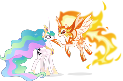 Size: 2799x1839 | Tagged: safe, artist:punzil504, character:daybreaker, character:princess celestia, species:alicorn, species:pony, episode:a royal problem, g4, my little pony: friendship is magic, duality, female, floating, mane of fire, mare, persuasion, simple background, swapped cutie marks, transparent background, vector