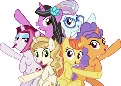 Size: 5265x3759 | Tagged: safe, artist:ironm17, character:cayenne, character:citrus blush, character:north point, character:pretzel twist, character:sweet biscuit, species:pony, species:unicorn, absurd resolution, alternate mane six, background pony, best friends until the end of time, female, group, happy, hooves up, lily love, looking at you, mare, simple background, singing, smiling, teeth, transparent background, vector