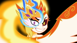 Size: 6000x3375 | Tagged: safe, artist:orin331, character:daybreaker, character:nightmare star, character:princess celestia, episode:a royal problem, g4, my little pony: friendship is magic, my little pony:equestria girls, absurd resolution, beautiful, black background, crown, equestria girls-ified, evil grin, fangs, female, grin, jewelry, looking back, mane of fire, rear view, regalia, simple background, smiling, smirk, solo, two flaming sunponies, wings