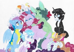 Size: 813x578 | Tagged: safe, artist:frozensoulpony, oc, oc only, oc:astral spark, oc:evening sprite, oc:kiwi, oc:mango blossom, oc:morning glory, oc:radiance, oc:strawberry essence, parent:party favor, parent:pinkie pie, parents:partypie, species:earth pony, species:mule, species:pegasus, species:pony, species:unicorn, clothing, colt, female, filly, male, mare, offspring, offspring's offspring, socks, traditional art