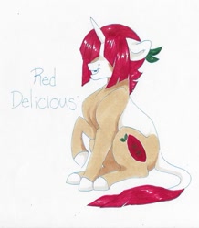 Size: 539x617 | Tagged: safe, artist:frozensoulpony, oc, oc only, oc:red delicious, parent:big macintosh, parent:sugar belle, parents:sugarmac, species:pony, species:unicorn, hair over eyes, male, offspring, raised hoof, solo, stallion, traditional art