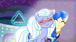 Size: 8000x4500 | Tagged: safe, artist:limedazzle, character:sapphire shores, character:sugarcoat, species:earth pony, species:pony, episode:the mane attraction, g4, my little pony: friendship is magic, absurd resolution, alternate universe, clothing, equestrian flag, eyes closed, female, glasses, hug, magic, mare, night, nuzzling, stars, triangle, vector