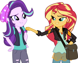 Size: 9000x7322 | Tagged: safe, artist:limedazzle, character:starlight glimmer, character:sunset shimmer, equestria girls:mirror magic, g4, my little pony: equestria girls, my little pony:equestria girls, spoiler:eqg specials, absurd resolution, beanie, clothing, duo, fist, handbag, hat, jacket, leather jacket, lip bite, pants, raised eyebrow, simple background, torn clothes, transparent background, vector, vest