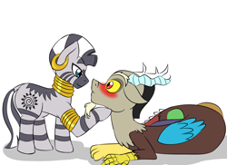 Size: 2338x1700 | Tagged: safe, artist:jolliapplegirl, character:discord, character:zecora, species:draconequus, species:zebra, ship:zecord, blushing, female, male, shipping, simple background, story included, straight, white background