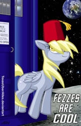 Size: 465x720 | Tagged: safe, artist:texasuberalles, character:derpy hooves, character:doctor whooves, character:time turner, species:pegasus, species:pony, clothing, female, fez, hat, mare, moon, tardis