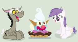 Size: 3182x1740 | Tagged: safe, artist:punzil504, character:discord, character:princess celestia, species:pegasus, species:pony, episode:forever filly, g4, my little pony: friendship is magic, spoiler:comic, spoiler:comic50, clown surprise, eating, food, for the pony who has everything, ice cream, idw showified, ponified, pony discord, simple background, transformed