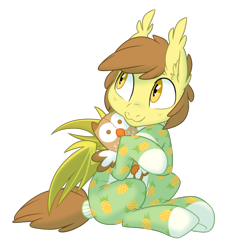 Size: 620x677 | Tagged: safe, artist:equestria-prevails, oc, oc only, oc:stuffed crust, species:bat pony, species:owl, species:pony, bat wings, clothing, cute, food, footed sleeper, innocent, looking back, onesie, pajamas, pineapple, pizza bat, plushie, simple background, sitting, smiling, solo, transparent background
