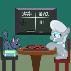 Size: 800x800 | Tagged: safe, artist:magerblutooth, character:silver spoon, oc, oc:dazzle, species:pony, comic:diamond and dazzle, book, cat, chair, checkers, match, vector