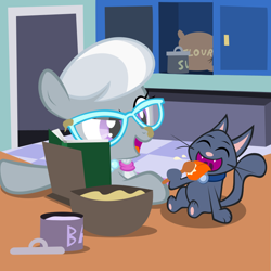 Size: 800x800 | Tagged: safe, artist:magerblutooth, character:silver spoon, oc, oc:dazzle, species:earth pony, species:pony, comic:diamond and dazzle, baking, book, bowl, cat, cookbook, cooking, duo, eyes closed, flour, food, kitchen, licking, mixing bowl, open mouth, smiling, spoon, sugar (food), this will end in weight gain, tongue out