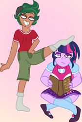Size: 1601x2382 | Tagged: safe, artist:berrypunchrules, character:timber spruce, character:twilight sparkle, character:twilight sparkle (scitwi), species:eqg human, ship:timbertwi, my little pony:equestria girls, draw the squad, female, heart mouth, male, sci-twi is not amused, shipping, straight, unamused