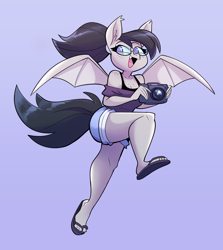 Size: 2274x2547 | Tagged: safe, artist:herny, oc, oc only, oc:titty sprinkles, species:anthro, species:bat pony, species:plantigrade anthro, anthro oc, bat pony oc, boob freckles, breasts, camera, chest freckles, clothing, commission, cute, feet, female, flip-flops, freckles, glasses, open mouth, sandals, shorts, shoulder freckles, solo