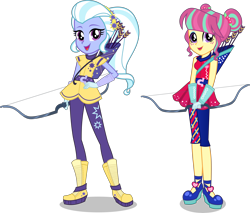 Size: 7500x6392 | Tagged: safe, artist:limedazzle, character:sour sweet, character:sugarcoat, equestria girls:friendship games, g4, my little pony: equestria girls, my little pony:equestria girls, absurd resolution, alternate hairstyle, alternate universe, archery, arrow, boots, bow (weapon), clothing, female, quiver, shoes, simple background, skirt, transparent background, vector