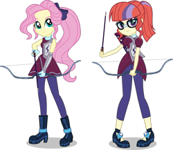 Size: 7500x6515 | Tagged: safe, artist:limedazzle, character:fluttershy, character:moondancer, equestria girls:friendship games, g4, my little pony: equestria girls, my little pony:equestria girls, absurd resolution, alternate hairstyle, alternate universe, archery, arrow, boots, bow (weapon), bow and arrow, clothing, equestria girls-ified, female, glasses, gloves, high heel boots, shoes, simple background, transparent background, weapon