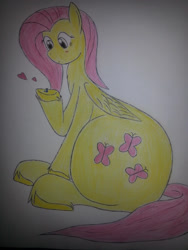 Size: 2448x3264 | Tagged: safe, artist:taurson, character:fluttershy, oc, species:earth pony, species:pegasus, species:pony, blushing, cute, giant pony, heart, macro, sitting, traditional art, unshorn fetlocks