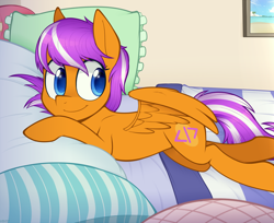 Size: 1200x980 | Tagged: safe, artist:higgly-chan, oc, oc only, oc:digidrop, species:pegasus, species:pony, bed, cute, simple background, solo, spread wings, wings