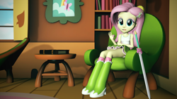 Size: 1920x1080 | Tagged: safe, artist:razethebeast, character:fluttershy, my little pony:equestria girls, 3d, boots, clothing, female, fluttershy's cottage, shoes, skirt, solo, source filmmaker, strategically covered, sword, weapon