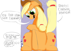 Size: 3496x2362 | Tagged: safe, artist:taurson, character:applejack, character:rarity, species:earth pony, species:pony, species:unicorn, carousel boutique, dialogue, female, giant pony, macro, mare
