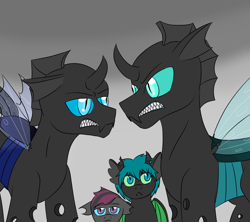 Size: 3600x3200 | Tagged: safe, artist:jolliapplegirl, character:thorax, oc, oc:illusive spark, oc:victor, parent:kevin, parent:scootaloo, parent:spike, parent:thorax, parents:thoraxspike, species:changeling, foal, gritted teeth, hissing, hybrid, interspecies offspring, kevin (changeling), magical gay spawn, next generation, offspring, parents:keviloo, sharp teeth, story included, teeth