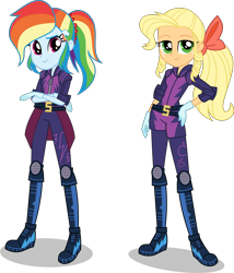 Size: 6411x7500 | Tagged: safe, artist:limedazzle, character:applejack, character:rainbow dash, equestria girls:friendship games, g4, my little pony: equestria girls, my little pony:equestria girls, absurd resolution, alternate hairstyle, alternate universe, applejewel, boots, clothing, crystal prep shadowbolts, duo, duo female, female, gloves, ponytail, shoes, simple background, smiling, transparent background, vector