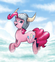 Size: 917x1035 | Tagged: safe, artist:saturdaymorningproj, character:pinkie pie, species:pony, episode:not asking for trouble, g4, my little pony: friendship is magic, female, helmet, honorary yak horns, horned helmet, snow, solo, viking helmet