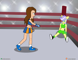 Size: 1500x1159 | Tagged: safe, artist:dieart77, character:upper crust, my little pony:equestria girls, american dad, belly button, black eye, boxing ring, clothing, crossover, exeron fighters, exeron gloves, lisa silver, midriff, skirt, sports bra