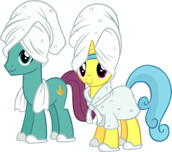 Size: 4822x4269 | Tagged: safe, artist:ironm17, character:lemon hearts, species:earth pony, species:pony, species:unicorn, absurd resolution, autumn leaf, bathrobe, clothing, duo, female, lemonleaf, male, mare, shipping, simple background, slippers, stallion, straight, towel, transparent background, vector