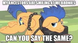 Size: 548x303 | Tagged: safe, artist:mlp-silver-quill, edit, character:flash sentry, species:pegasus, species:pony, basket, bondage, caption, chopping block, execution, image macro, imgflip, imminent decapitation, looking at you, male, meme, skyrim, solo, the elder scrolls, unsexy bondage