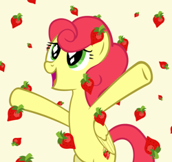 Size: 7291x6857 | Tagged: safe, artist:ironm17, character:strawberry sunrise, species:pegasus, species:pony, episode:honest apple, g4, my little pony: friendship is magic, absurd resolution, apple rain, bipedal, female, happy, solo, strawberries, that pony sure does love strawberries, wingding eyes