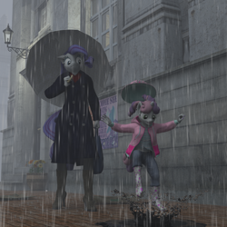 Size: 2000x2000 | Tagged: safe, artist:tahublade7, character:rarity, character:sweetie belle, species:anthro, species:plantigrade anthro, 3d, alternate hairstyle, boots, clothing, coat, cute, diasweetes, jeans, leggings, pants, pigtails, puddle, rain, raribetes, sidewalk, umbrella