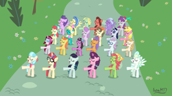 Size: 4270x2383 | Tagged: safe, artist:ironm17, character:cayenne, character:citrus blush, character:clear skies, character:coco pommel, character:coloratura, character:dear darling, character:fond feather, character:moondancer, character:moonlight raven, character:north point, character:pinot noir, character:pretzel twist, character:sugar belle, character:sunshine smiles, character:sunshower, character:sweet biscuit, character:swoon song, character:tree hugger, character:vapor trail, species:pony, g4, absurd resolution, at the gala, bimbettes, crimson cream, fashion statement, flower, group, honey curls, lily love, mare e. belle, mare e. lynn, meadow, pearmain worcester, pegasus olsen, peggy holstein, rara, singing, tree