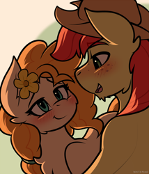 Size: 1280x1493 | Tagged: safe, artist:whitepone, character:bright mac, character:pear butter, species:earth pony, species:pony, ship:brightbutter, episode:the perfect pear, g4, my little pony: friendship is magic, applejack's parents, blushing, couple, female, flower, flower in hair, freckles, male, shipping, straight