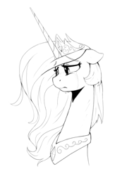 Size: 605x876 | Tagged: safe, artist:anticular, character:princess celestia, species:alicorn, species:pony, crying, female, floppy ears, frown, mare, monochrome, necc, peytral, sad, simple background, solo, white background