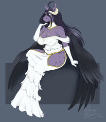 Size: 2065x2366 | Tagged: safe, artist:phathusa, oc, oc only, oc:moonbrush, species:alicorn, species:anthro, species:pony, albedo, alicorn oc, anthro oc, big breasts, black hair, black wings, breasts, cleavage, clothing, cosplay, costume, dress, female, fluffy, gloves, horns, long hair, overlord, simple background, sitting, solo, wide hips
