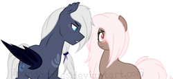 Size: 1024x468 | Tagged: safe, artist:ipandacakes, oc, oc only, oc:chronos, oc:coco blossom, parent:doctor whooves, parent:fluttershy, parent:princess luna, parent:unnamed oc, parents:canon x oc, parents:doctorshy, species:bat pony, species:earth pony, species:pony, blushing, female, male, mare, simple background, stallion, transparent background