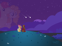 Size: 6656x4960 | Tagged: safe, artist:ironm17, character:apple bloom, character:applejack, character:big mcintosh, character:bright mac, character:pear butter, species:pony, ship:brightbutter, episode:the perfect pear, g4, my little pony: friendship is magic, absurd resolution, apple siblings, applejack's parents, female, hill, male, memories, memory, meteor, night, night sky, shipping, shooting star, sky, stargazing, stars, straight
