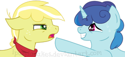 Size: 1024x468 | Tagged: safe, artist:ipandacakes, oc, oc only, oc:confetti popper, oc:lil' buck, parent:applejack, parent:flim, parent:party favor, parent:sugar belle, parents:flimjack, parents:partybelle, species:earth pony, species:pony, species:unicorn, colt, male, offspring, pointing, simple background, story included, sweat, transparent background