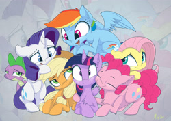 Size: 4971x3515 | Tagged: safe, artist:mistydash, character:applejack, character:fluttershy, character:pinkie pie, character:rainbow dash, character:rarity, character:spike, character:twilight sparkle, character:twilight sparkle (alicorn), species:alicorn, species:dragon, species:earth pony, species:pegasus, species:pony, species:unicorn, absurd resolution, baby, baby dragon, chest fluff, cuddle puddle, cuddling, cute, cutie mark, dashabetes, diapinkes, female, floppy ears, group photo, jackabetes, male, mane seven, mane six, mare, mistydash is trying to murder us, nuzzling, pony pile, prone, raribetes, shyabetes, signature, smiling, snuggling, spikabetes, twiabetes, twilight sparkle gets all the mares, wide eyes, zoom layer