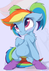 Size: 1710x2480 | Tagged: safe, artist:mistydash, character:rainbow dash, species:pony, alternate hairstyle, bipedal, blushing, clothing, cute, dashabetes, female, pigtails, smiling, socks, solo, zoom layer
