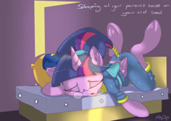Size: 3227x2286 | Tagged: safe, artist:mistydash, character:twilight sparkle, character:twilight sparkle (alicorn), species:alicorn, species:pony, ass up, bed, clothing, cute, eyes closed, female, majestic as fuck, pajamas, pillow, silly, silly pony, sleeping, snot bubble, solo, tail wrap, underhoof
