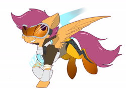 Size: 2486x1823 | Tagged: safe, artist:mistydash, character:scootaloo, species:pegasus, species:pony, bomber jacket, clothing, crossover, ear fluff, female, filly, goggles, grin, jacket, overwatch, simple background, smiling, solo, spread wings, tracer, white background, wing fluff, wings