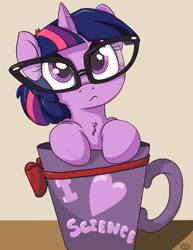 Size: 1911x2480 | Tagged: safe, artist:mistydash, character:twilight sparkle, character:twilight sparkle (scitwi), species:pony, adorkable, alternate hairstyle, coffee mug, cup, cup of pony, cute, dork, female, fluffy, glasses, heart, looking at you, micro, mug, ponified, solo, twiabetes, wavy mouth