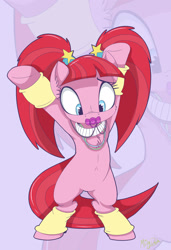 Size: 1546x2259 | Tagged: safe, artist:mistydash, character:pacific glow, species:pony, episode:the saddle row review, g4, my little pony: friendship is magic, armpits, bipedal, chest fluff, cute, female, glowbetes, leg warmers, pacifier, solo, zoom layer