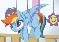 Size: 3068x2202 | Tagged: safe, artist:mistydash, character:rainbow dash, species:pony, crib, crib mobile, cute, dashabetes, female, hanging, silly, silly pony, solo, stuck, suspended