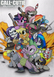 Size: 2480x3507 | Tagged: safe, artist:mistydash, character:applejack, character:derpy hooves, character:dj pon-3, character:fluttershy, character:octavia melody, character:pinkie pie, character:rainbow dash, character:rarity, character:spike, character:twilight sparkle, character:vinyl scratch, species:alicorn, species:dragon, species:earth pony, species:pegasus, species:pony, species:unicorn, bass cannon, call of duty, call of duty: black ops 2, crossover, explosion, female, goggles, gun, handgun, helmet, male, mare, no trigger discipline, pistol, poster, rocket, rocket launcher, shotgun, weapon
