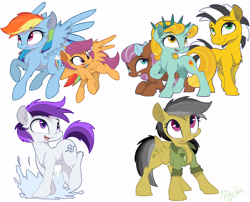 Size: 3507x2834 | Tagged: safe, artist:mistydash, character:daring do, character:rainbow dash, character:scootaloo, oc, oc:bowtie, oc:cabbie, oc:liberty, oc:puff smarts, species:earth pony, species:pegasus, species:pony, species:unicorn, chest fluff, ear fluff, female, filly, leg fluff, male, mare, mascot, ponycon, ponycon nyc, raised hoof, scootaloo can fly, scootalove, simple background, splashing, spread wings, stallion, white background, wing fluff, wings