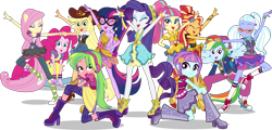 Size: 7000x3362 | Tagged: safe, artist:limedazzle, character:applejack, character:fluttershy, character:lemon zest, character:pinkie pie, character:rainbow dash, character:rarity, character:sour sweet, character:sugarcoat, character:sunny flare, character:sunset shimmer, character:twilight sparkle, character:twilight sparkle (alicorn), character:twilight sparkle (scitwi), species:eqg human, equestria girls:dance magic, g4, my little pony: equestria girls, my little pony:equestria girls, spoiler:eqg specials, absurd resolution, backwards ballcap, ballet, baseball cap, boots, bracelet, bracer, cap, clothing, converse, cowboy boots, cowboy hat, cowgirl, dress, ear piercing, eyes closed, female, flamenco, freckles, glasses, group, hat, headphones, humane five, humane seven, humane six, jacket, jewelry, open mouth, piercing, platform shoes, ponied up, pony ears, ponytail, rapper, rapper dash, scitwilicorn, shoes, simple background, skirt, socks, stetson, the rainbooms, transparent background, tutu, vector, vest, wings, wristband