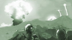 Size: 2439x1372 | Tagged: safe, artist:anticular, species:pony, fallout equestria, atomic bomb, balefire bomb, bomb, clothing, explosion, fallout equestria illustrated, fanfic, fanfic art, floppy ears, gun, helmet, imminent death, megaspell, megaspell explosion, monochrome, mushroom cloud, nuclear explosion, nuclear weapon, rifle, soldier, weapon