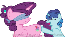 Size: 985x565 | Tagged: safe, artist:ipandacakes, character:sugar belle, oc, oc:confetti popper, parent:party favor, parent:sugar belle, parents:partybelle, species:pony, blindfold, colt, female, male, mother and son, offspring, older, simple background, transparent background