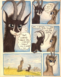 Size: 1080x1372 | Tagged: safe, artist:thefriendlyelephant, oc, oc only, oc:sabe, oc:uganda, comic:sable story, africa, animal in mlp form, antelope, confused, dialogue, giant sable antelope, horns, mountain, savanna, speech bubble, thought bubble, traditional art